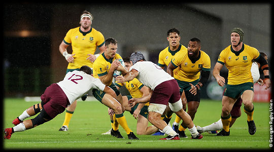 Australia v Georgia Wallabies Nic White taken down by Merab Sharikadze Beka Saginadze RWC2019